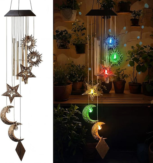 Colingmill Solar Wind Chimes for Outside Waterproof Hanging Wind Chimes Lights Outdoor Decor Yard Garden Gifts for Mother Mom Grandma Wife Neighbors (Sun Moon Star,Colored Lights)