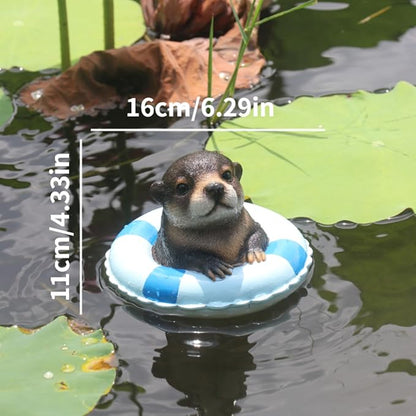 Cute Floating Otter Garden Water Feature Decoration, Resin Sculpture, Equipped with a Life Ring, Outdoor Swimming Pool Decoration, in red and White Color Scheme
