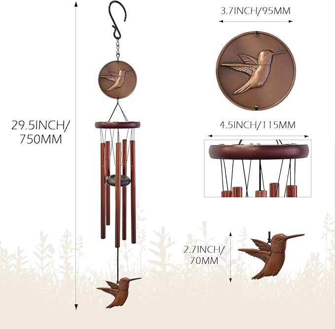 Hummingbird Wind Chimes for Outside,32 "Memorial Outdoor Wind Chime Create a Zen Atmospherer,Hummingbird Gift for Women Mother Father Christmas,Home Garden Patio Yard Decor(Copper)
