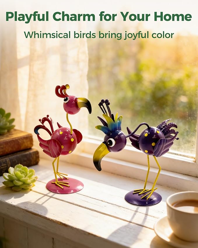 Whimsical Metal Bird Garden Statues Set of 2, Colorful Outdoor Yard Art with Stakes, Weather-Resistant Metal Bird Figurines for Garden Lawn Patio Decor, Cute Garden Gift