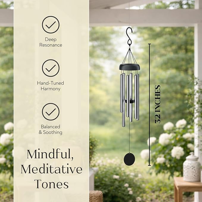 Serene Harmony 32-Inch Deep Tone Wind Chimes - Matte Black & Silver Memorial Chimes for Outside - Weather Resistant Aluminum Decor for Garden, Patio, and Porch