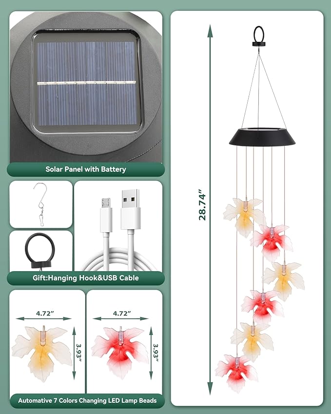 DOUBLEZHE Solar Wind Chimes for Outside, Color Changing Maple Leaf Wind Chimes, Birthday Gifts for Women Mom Grandma, Waterproof Outdoor LED Decoration Mobile Lights for Garden Patio Yard Party Decor