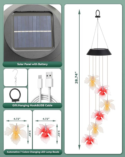 DOUBLEZHE Solar Wind Chimes for Outside, Color Changing Maple Leaf Wind Chimes, Birthday Gifts for Women Mom Grandma, Waterproof Outdoor LED Decoration Mobile Lights for Garden Patio Yard Party Decor