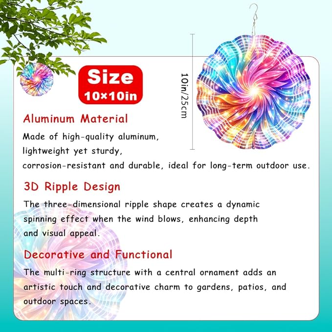 10x10 Rainbow Swirl Starburst Spinning Wind Chime Colorful Light Beam Crystal Chimes Outdoor Garden Wind Spinner Mother's Day Housewarming Gift