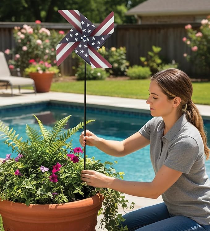 Regal Art & Gift Americana Pinwheel Spinner Stake, Patriotic Metal Wind Sculpture, Weather-Resistant Decorative Kinetic Yard Art for Outdoor Garden and Lawn – Stripe