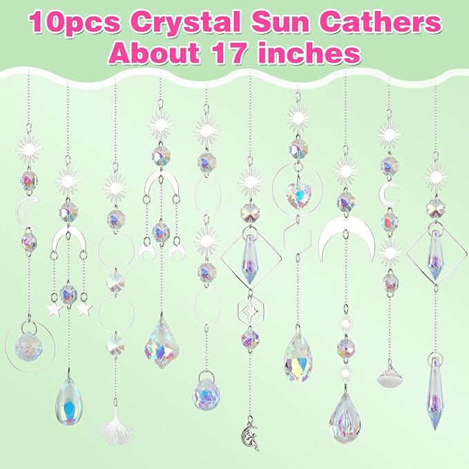 Crystal Suncatcher, 10 Pcs Colorful Sun Catchers Indoor Window Hanging Crystals Ornaments for Home Outdoor Garden Ceiling Balcony Room Christmas Party Wedding Decorations Prism Rainbow Maker