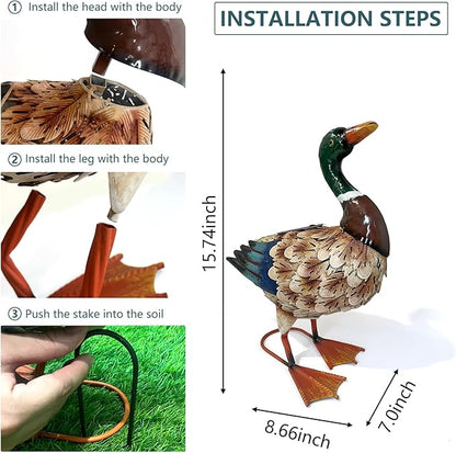HONGLAND Solar Mallard Duck Outdoor Sculpture, 16" Metal Duck Garden Animal Statue with Lights for Outdoor Patio, Backyard, Lawn, Home Kitchen Decoration