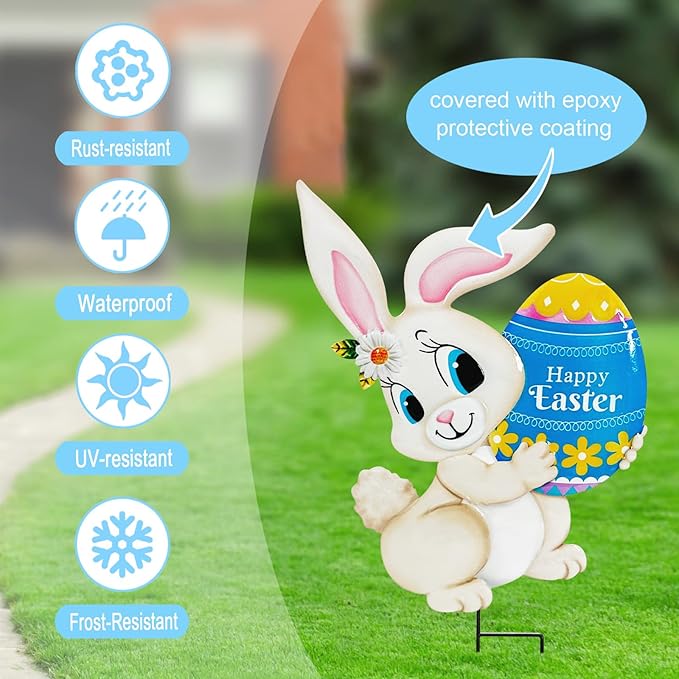 Easter Decorations Outdoor,4 Pack Metal Egg Bunny Yard Signs for Outside,Cute Easter Chick Decorations Garden Stakes for Lawn,Yard,Rabbit Gifts for Women