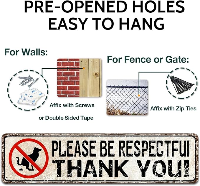 Please Be Respectful Sign No Dog Pooping or Peeing Sign for Yard | Dog Sign Industrial Warning Signs for House Lawn Outdoor Metal Decor, 4x16 Inch Tin Sign