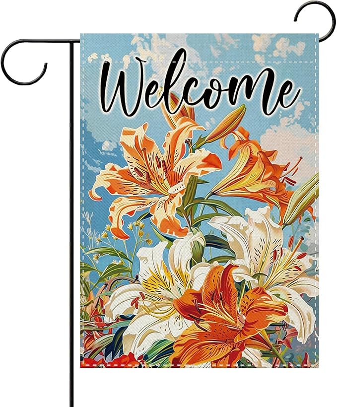Welcome Spring Summer Lily Flower Decorative Garden Flag, Floral Botanical Small Yard Outside Decorations, Seasonal Burlap Outdoor Home Decor Double Sided 12 x 18