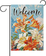 Welcome Spring Summer Lily Flower Decorative Garden Flag, Floral Botanical Small Yard Outside Decorations, Seasonal Burlap Outdoor Home Decor Double Sided 12 x 18