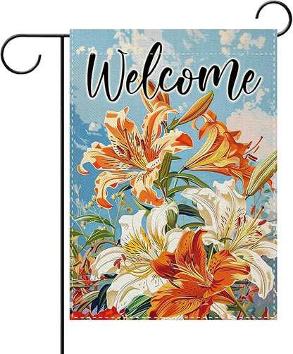 Welcome Spring Summer Lily Flower Decorative Garden Flag, Floral Botanical Small Yard Outside Decorations, Seasonal Burlap Outdoor Home Decor Double Sided 12 x 18