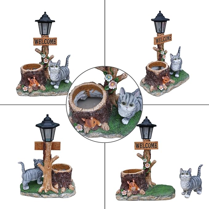 Solar Garden Statue with Planter & Solar Lantern, Outdoor Resin Animal Sculpture, Waterproof Yard Lawn Decor Pot for Succulents, Front Porch Ornament Housewarming Gift (American Shorthair Cat)