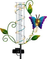 Butterfly Rain Gauge Outdoor - Wireless Solar Rain Gauges with 8" Capacity Glass Replacement Tube Best Rated Metal Decorative Garden Stakes with LED Lights for Yard Lawn Patio Art Decor