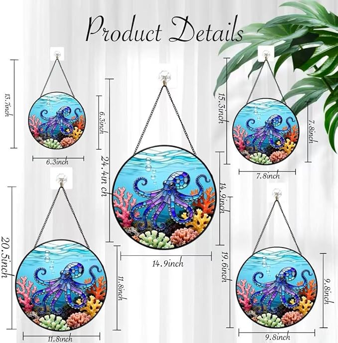 Stained Glass Window Hanging - The Blue Octopus is Foraging in The Coral 6.3 Inches Suncatcher for Garden Home Decor for Women Mon Grandma Friends