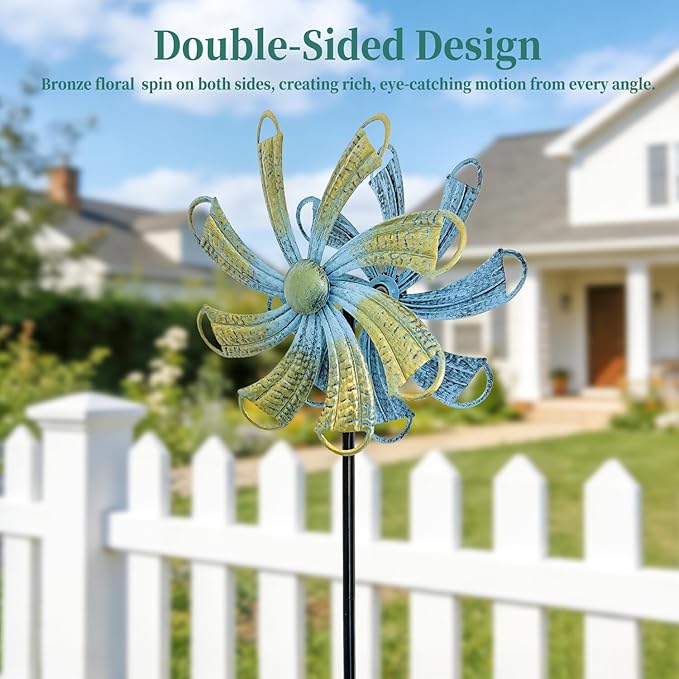 54” Metal Wind Spinner Outdoor Decor, Double Layer 360° Rotating Kinetic Sculpture, Rustproof Weather-Resistant Yard Art for Patio Lawn, Wind Spinners for Yard and Garden (Bronze)