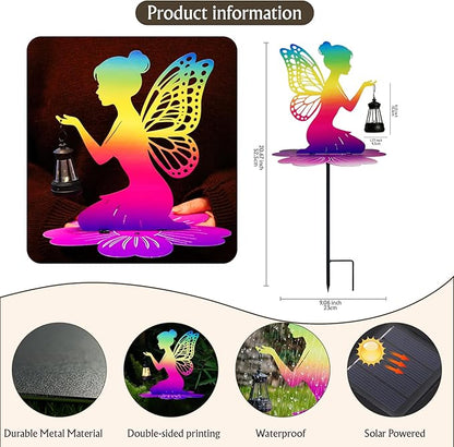 Rainbow Solar Fairy Garden Stake - 21" Iridescent Metal Fairy Silhouette with Warm LED Lantern, Waterproof Outdoor Decorative Light for Path, Yard, Flower Pot - Unique Gardening Gifts for Women/Mom
