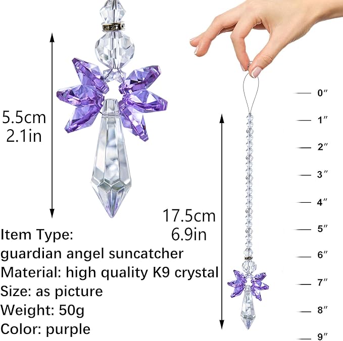 Rainbow Guardian Angel Crystal Suncatcher as Home/Car Decoration & Porch Decor & Hangings Crystal Glass Ornament for Mom (Purple)
