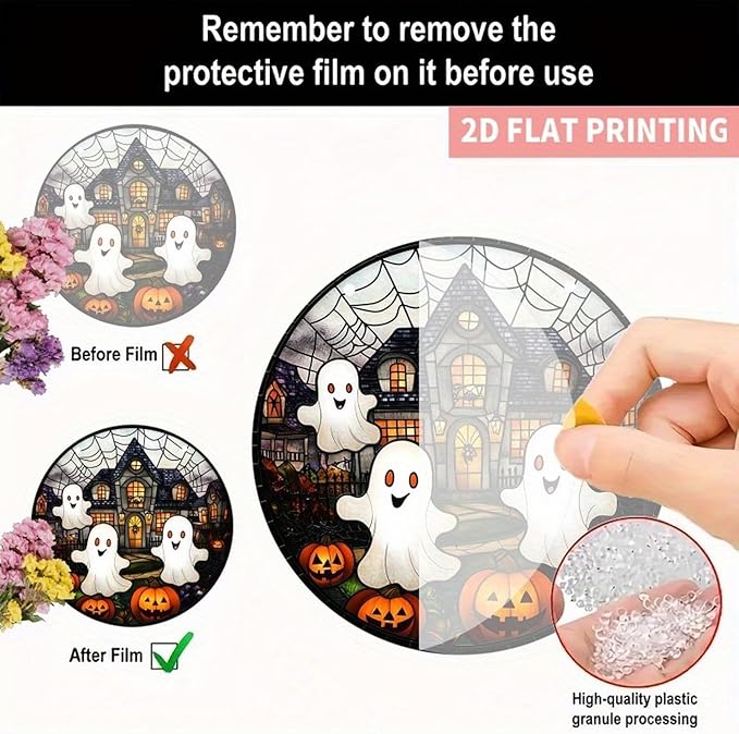 7.9inch Cute Halloween Suncatcher for Window Hanging,Ghost Pumpkin Castle Acrylic Suncatcher with Chain Halloween Window Decor for Home, Garden, Housewarming Round Ornament, Gift for Women Friend