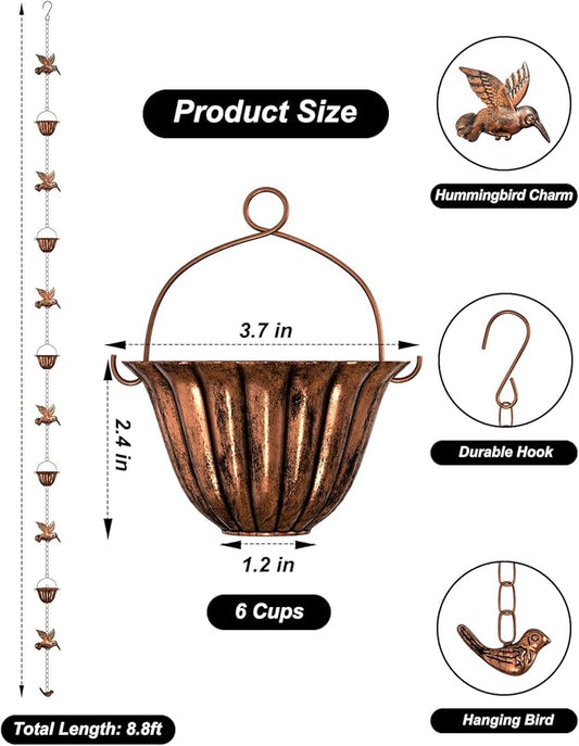 INNOWARMER 8.8ft Rain Chains for Gutters Outside, Rain Catcher Chain with 6 Metal Cups & Hummingbird Decor, Adjustable Hanging Rain Hutter Chain Downspout Substitute for Garden Drainage & Eaves