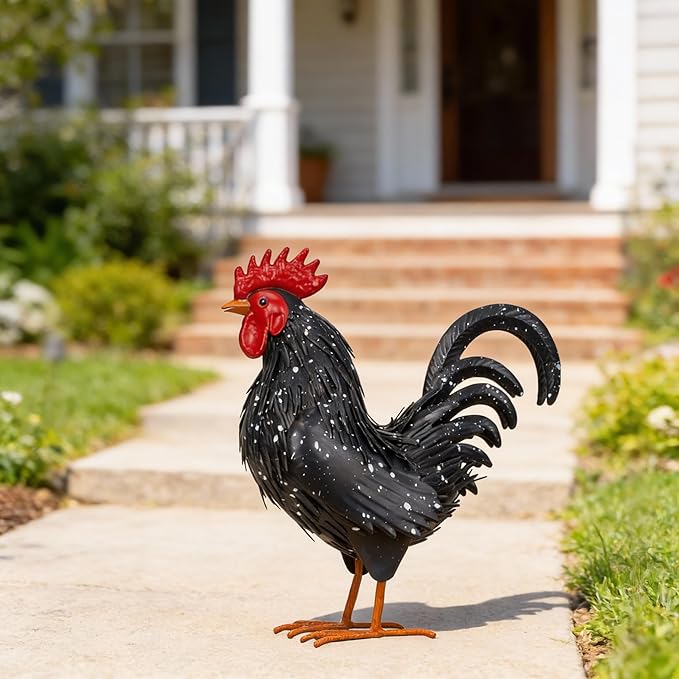 Ratuor Rooster Garden Statue Sculpture Metal Chicken Yard Decor Outdoor Figurines Patio Backyard Decoration (Black)