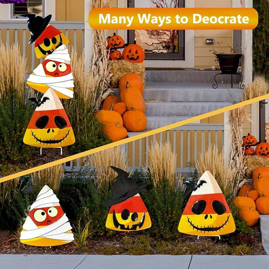 3 Packs Halloween Garden Stakes, Stacked Metal Candy Corn Lawn Decor, Halloween Decorative 3D Yard Signs Stake for Outdoor Front Garden Pathway Decorations