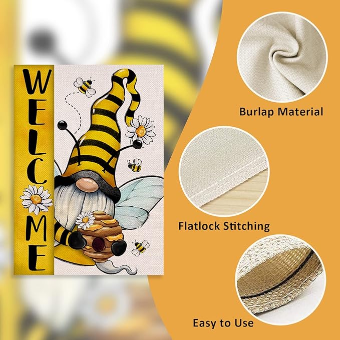 Welcome Spring Summer Bumble Bee Gnome Decorative Garden Flag, Honeycomb Daisy Flower Spring Yard Outside Decorations, Burlap Farmhouse Outdoor Small Home Decor Double Sided 12 x 18