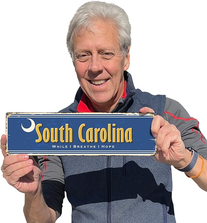 SmartSign 4 x 14 inch South Carolina State Vintage Metal Sign “While I Breathe, I Hope”, 40 mil Rustproof Aluminum with Clear Overcoat, Retro Wall Décor, Multicolor, Made in USA