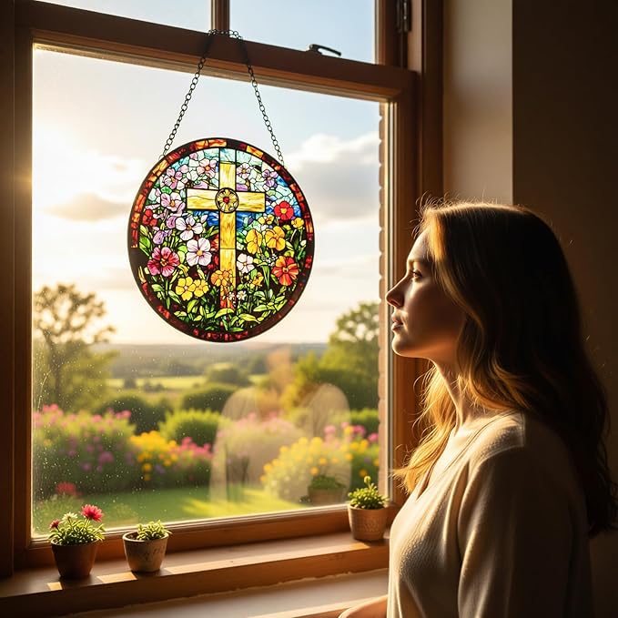 Stained Glass Window Hanging - Cross and Wildflowers Suncatcher, Sun Catchers Decor for Window Hanging, Gifts for Religious, Christian, Easter Faith Home Decor 7.8in