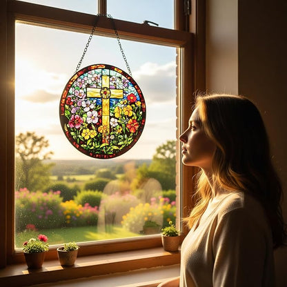 Stained Glass Window Hanging - Cross and Wildflowers Suncatcher, Sun Catchers Decor for Window Hanging, Gifts for Religious, Christian, Easter Faith Home Decor 7.8in