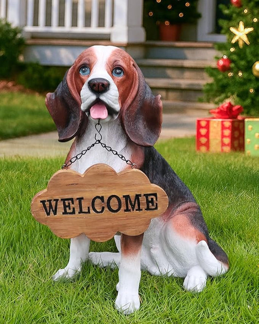 Beagle Dog Garden Statue with Solar Lantern, 16.9" Large Outdoor Animal Figurine with Double-Sided Welcome & On Patrol Sign, Yard Patio Porch Lawn Decor, Pet Lover Housewarming Gift