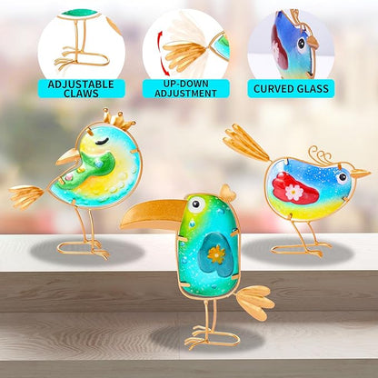 Stained Glass Bird Decor for Home, Metal Garden Decor for Outside, Spring Outdoor Art Decor for Garden, Patio, Porch and Front Yard, Home Blue Bird Figurines Decorations (3 PCS)