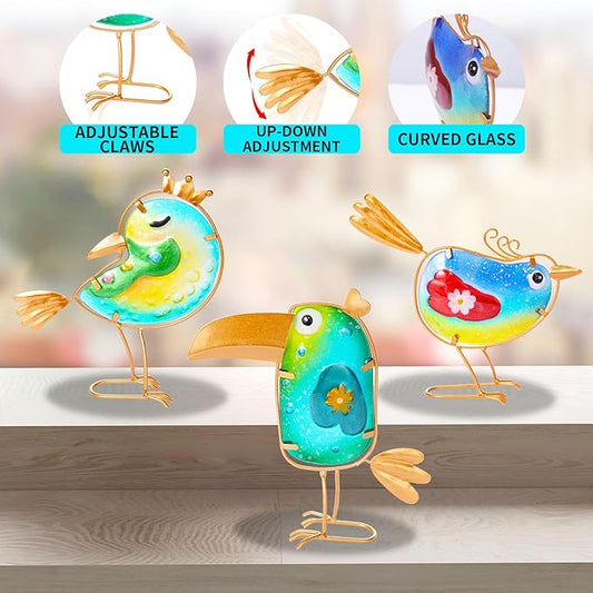 Stained Glass Bird Decor for Home, Metal Garden Decor for Outside, Spring Outdoor Art Decor for Garden, Patio, Porch and Front Yard, Home Blue Bird Figurines Decorations (3 PCS)