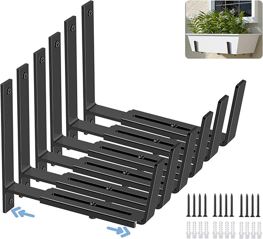 HFHOME 6 PCS Adjustable Planter Box Brackets (6 to 12.5 in), Universal Window Box Brackets, Heavy Duty Metal Flower Box Wall Mounting Hooks for Balcony, Fences, Patio, and Garden - Black