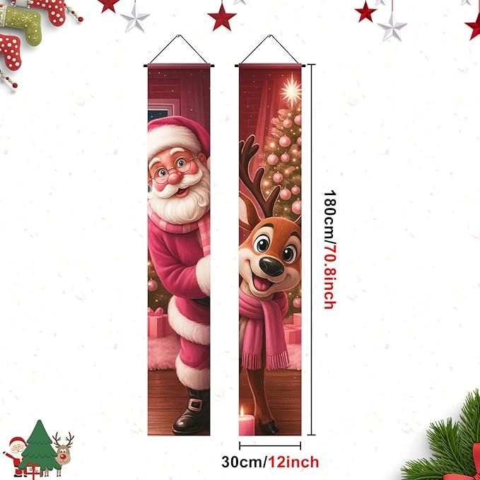 BlissYard Christmas Porch Banners 12x71 Inch Merry Christmas Banner Snowflakes Reindeer Pink Santa Door Cover Winter Holiday Banner Xmas Door Decor Welcome Hanging Signs for Front Door Porch Outdoor Home Party Decorations