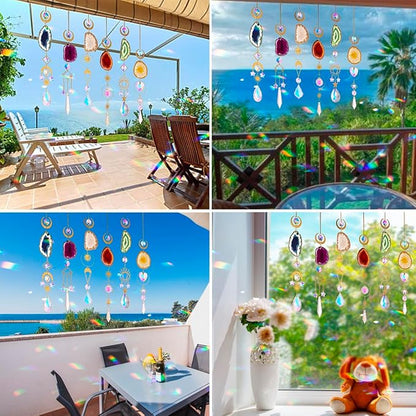 WEISIPU Set of 6 Crystal Sun Catchers - Window Hanging Sun Catchers with Crystals and Agate Slices, Wind Chimes Ornaments Decor Prism for Home Car Window Party Decorations-6 Pcs