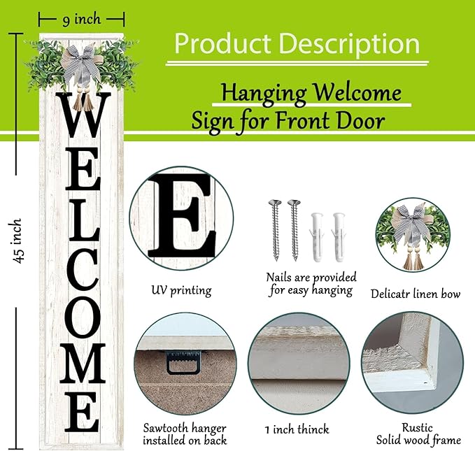 flowtorely Outdoor Welcome Sign for Front Porch Standing 45"×9" Tall Vertical Wood Frame Front Door Long Leaner farmhouse Outside Rustic Large Welcome Signs Vintage Home Decorations (White)