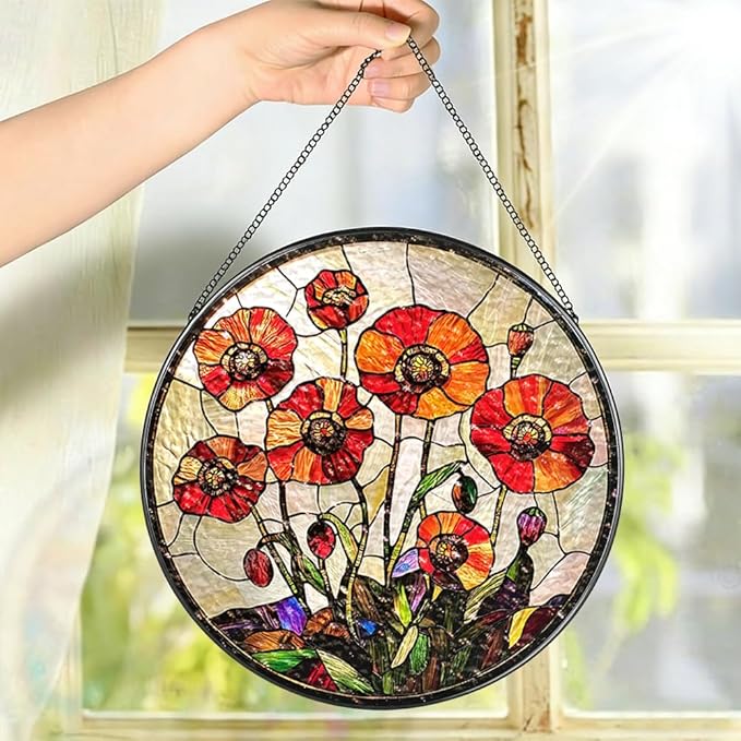 Stained Glass Suncatcher Window Hanging, 7.8 Inch Handmade Sunflower Garden suncatchers, Suncatcher Home Decor,Gift for Women, Mom, Grandma (Flower)