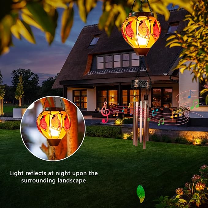 Starsoul Solar Wind Chimes for Outside, Cardinal Hot Air Balloon with Flickering Flame Solar Wind Chime, Glass Windchimes Outdoors Garden Decor, Gift for Mother's Day Mom Grandma