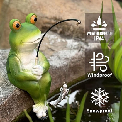 Garden Frog Pond Statue Decoration, Fishing Frog Garden Statue Outdoor Koi Pond or Waterfall Decor, 9.5" Frog Figurine Fishing Poolside Statue, Frog Gifts for Mom