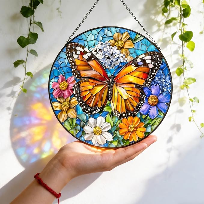 Butterfly Stained Glass Window Hanging Suncatchers, Flower Sun Catchers Indoor Window Glass Wall Art Decor,Birthday Gifts for Women 7.87"