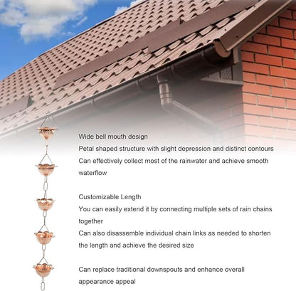 Zerodis Link Rain Gutter Rain Chain 3.28ft Flower Cup Link Gutter for Roof Drainage Copper Water Catcher for Home Decor Ornaments