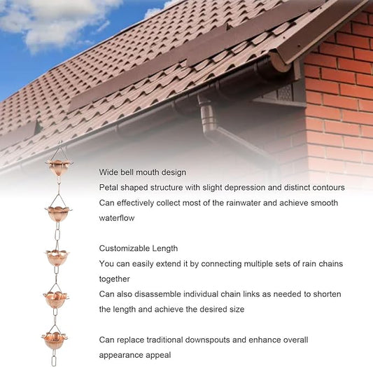 Zerodis Link Rain Gutter Rain Chain 3.28ft Flower Cup Link Gutter for Roof Drainage Copper Water Catcher for Home Decor Ornaments