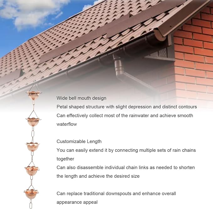 Haofy 1 Meter Copper Rain Chain 5 Petal Cups Design Rainwater Drainage System Decorative Gutter Replacement for Garden Patio Outdoor Decor