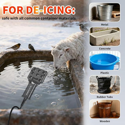 120V 800W Pond De-Icer and Chicken Water Heater for Livestock Tank Heater, Featuring Power-Off Protection, Overheating Protection, GFCI Plug & 9.2FT UL Approved Cord