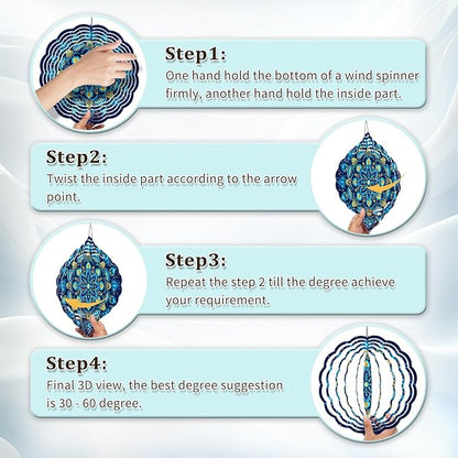 Wind Spinners Outdoor, Hanging Wind Spinner for Garden Decoration, 8 inch 3D Stainless Steel Metal Wind Sculpture for Indoor/Outdoor Decor, Mandala Blue