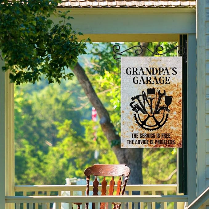 Grandpa's Garage Garden Flag, Double Sided Farmhouse Outdoor Lawn Decor Yard Flags Gifts for Grandpa, Vintage Garage Wall Decor Garage Signs Gifts for Dad Woodworking Cabinet Maker Mechanic