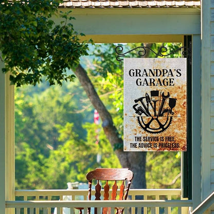 Grandpa's Garage Garden Flag, Double Sided Farmhouse Outdoor Lawn Decor Yard Flags Gifts for Grandpa, Vintage Garage Wall Decor Garage Signs Gifts for Dad Woodworking Cabinet Maker Mechanic