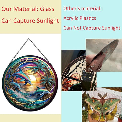 Dolphin Ocean Sunset Suncatcher Stained Glass,Hanging Stained Glass for Windows,20cm/7.87inch Sun Catcher Garden Hangings Ornaments Halloween Fall Christmas Decor for Home