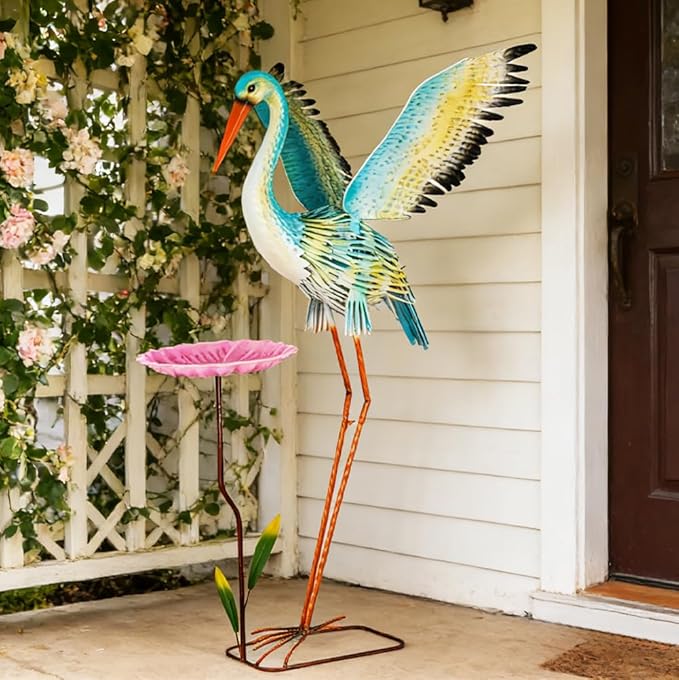 39“ Metal Heron Bird Statue with Pink Birdbath, Garden Statue Decor Yard Art for Lawn, Backyard - Unique Animal Figurine for Birthday, Housewarming, Christmas
